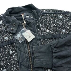 Free People Womens M Black Combo Embellished Sequin Sparkle Sweatshirt Boho Chic